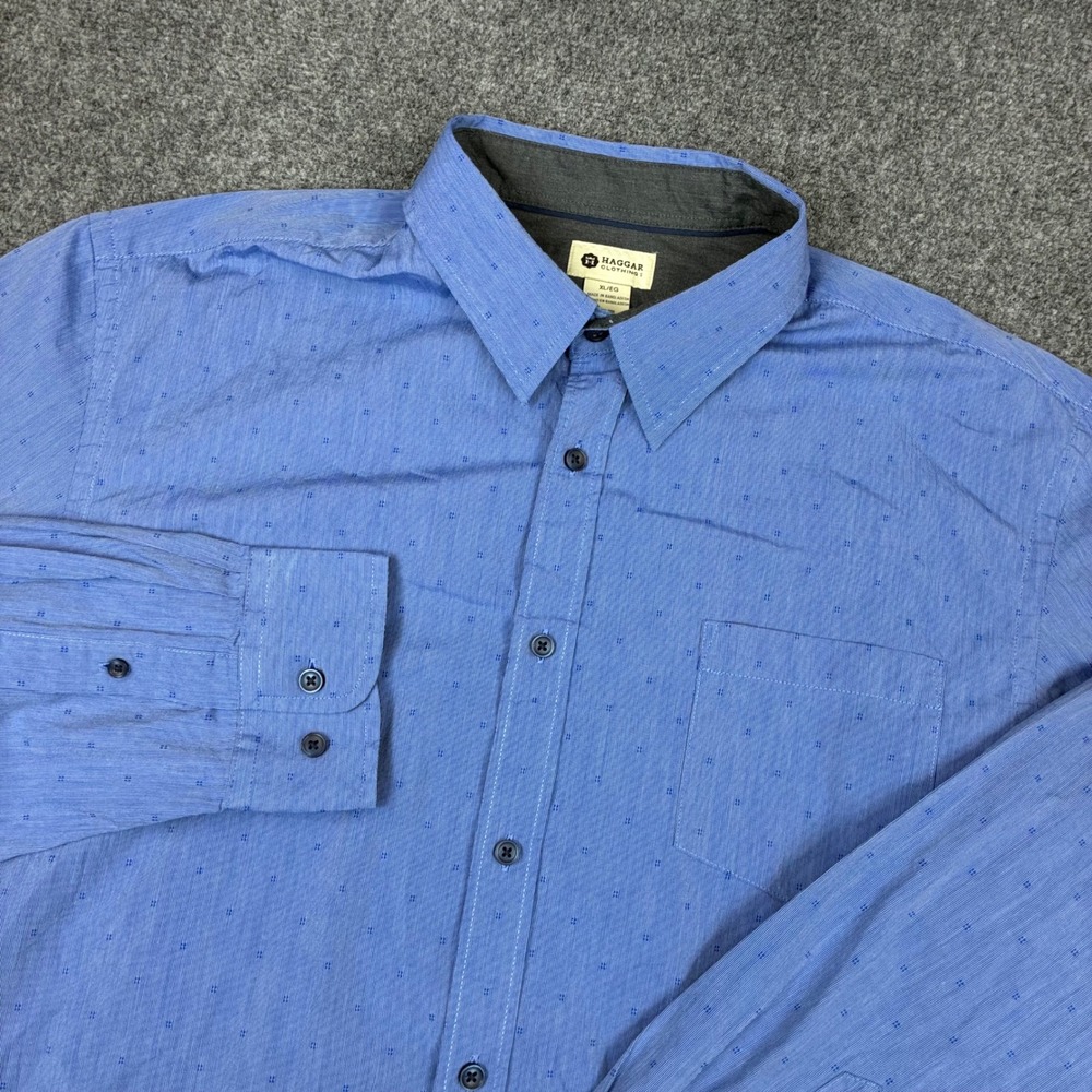 Haggar Mens Size XL Blue Micro Pattern Long Sleeve Button Down Shirt Pocket